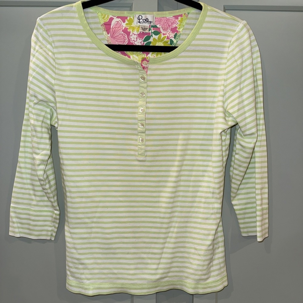 Lilly Pulitzer White Label Lime Green Stripe 3/4 Sleeve T-Shirt Sz L Floral read